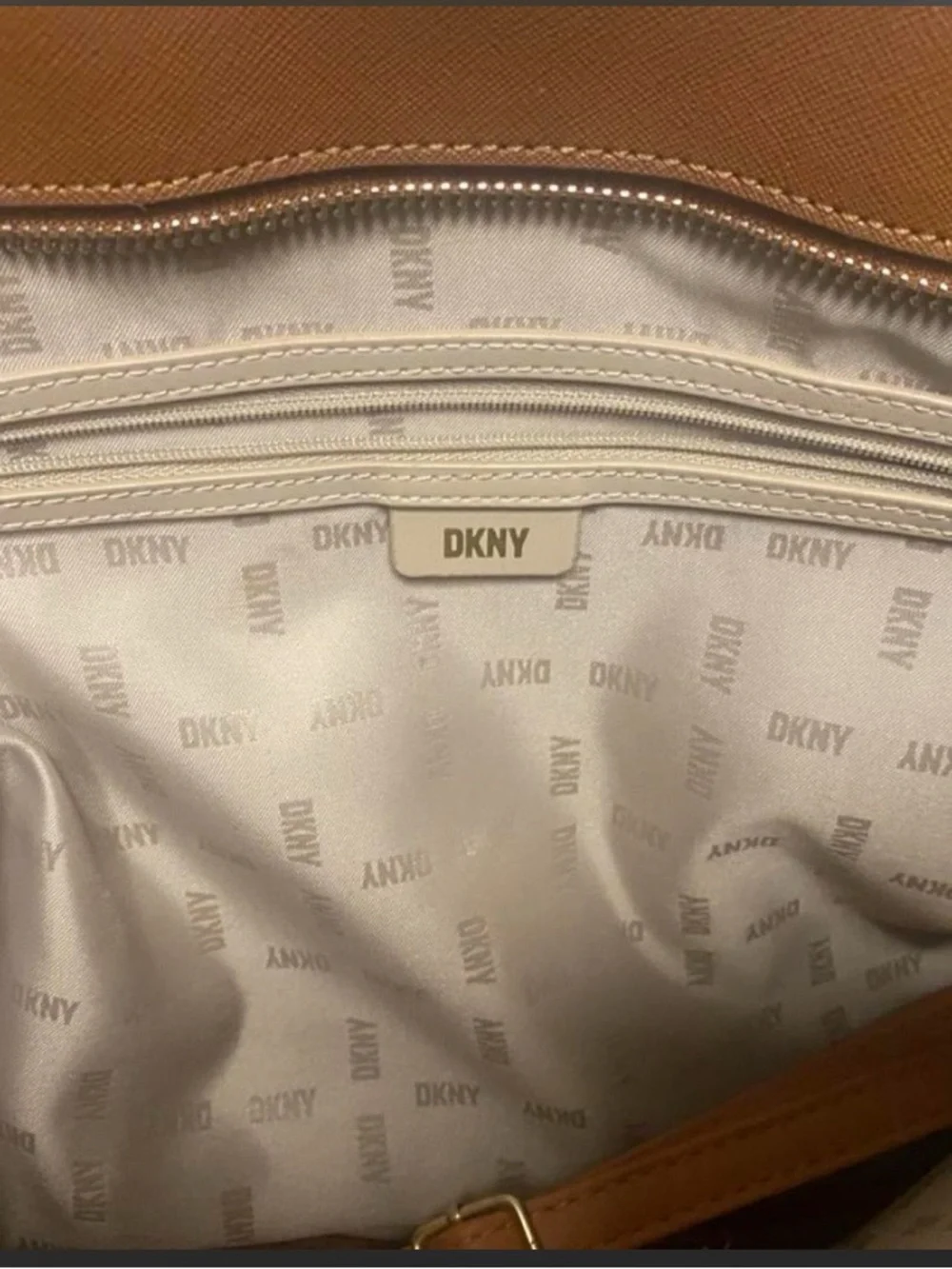 DKNY Brown and Cream Monogram Canvas Tote with Tan Leather Trim